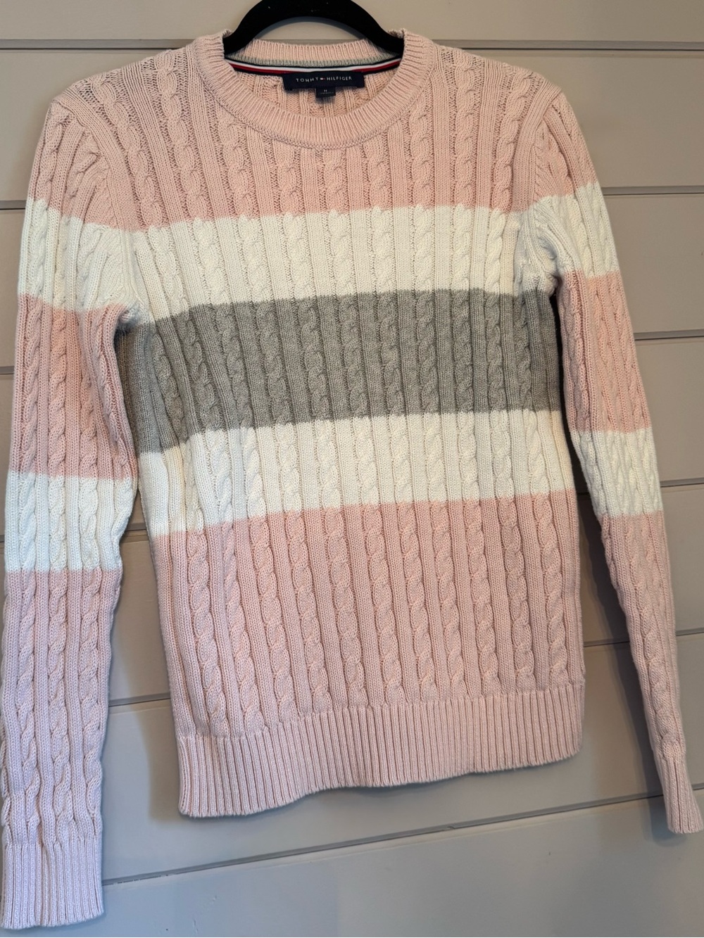 Tommy Hilfiger Pink/White/Gray Striped Cable-Knit Crewneck Sweater
